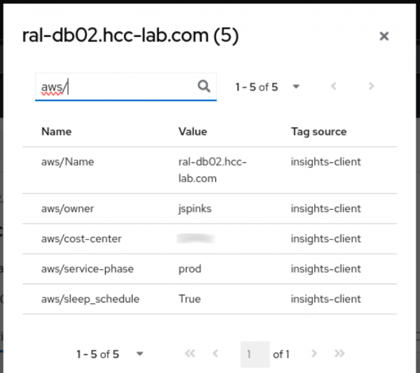 Filtering AWS tags in Red Hat Insights.